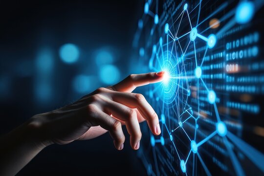 Hand touching glowing digital network with binary code