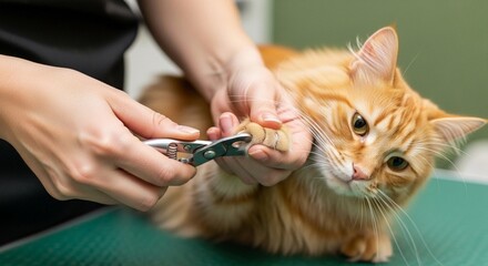 Grooming orange cat with scissors during nail trimming session, indoor pet care