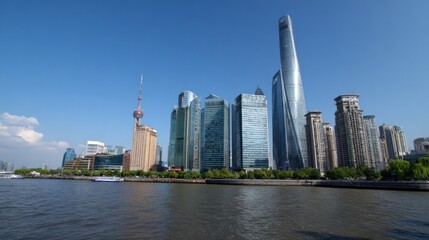 Obraz premium City skyline, modern skyscrapers, river