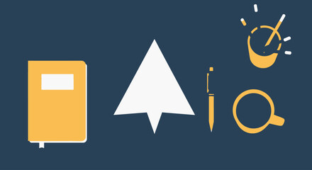 Simple icons representing various creative activities, including writing, design, and music.