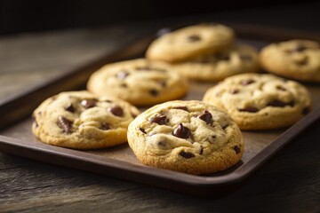 Chocolate chip cookies on tray.