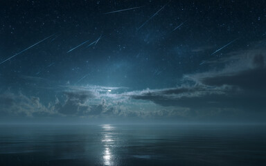 Naklejka premium Meteor Shower Over Ocean – Night Sky Reflections