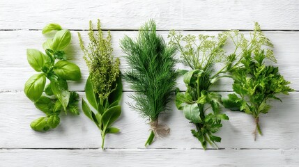 fresh herbs on a wooden table