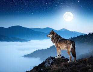 A majestic wolf stands proudly atop a rugged mountain peak, its fur glistening in the sunlight, overlooking a breathtaking valley below.