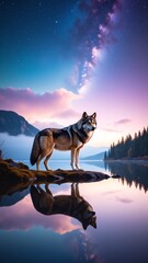 A majestic wolf stands proudly atop a rugged rock, gazing intently at the shimmering water below, surrounded by lush greenery and vibrant wildflowers.