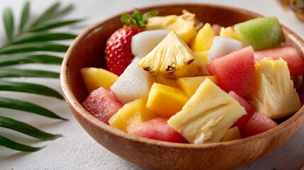 Bowl of fruit with watermelon, pineapple, and strawberries
