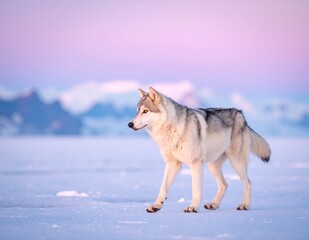A majestic wolf strides gracefully across a pristine, snow-covered landscape, its thick fur glistening in the sunlight, leaving paw prints in the fresh snow.