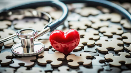 A red heart with a stethoscope on a puzzle piece background.