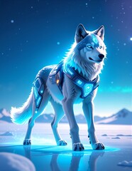 A majestic wolf with luminous, piercing eyes stands confidently on a shimmering sheet of ice, surrounded by a serene winter landscape.