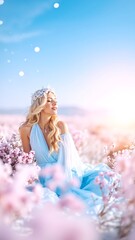 A woman in a flowing blue dress sits gracefully among vibrant pink flowers, her hair gently cascading around her shoulders, creating a serene, colorful scene.