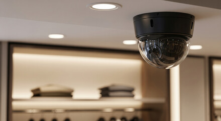 Photo of a black dome security camera is mounted on a ceiling, overlooking a retail store with illuminated shelves