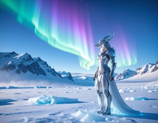 A woman in a flowing white dress stands gracefully on a snow-covered landscape, her hair gently blowing in the winter breeze, surrounded by glistening snowflakes.