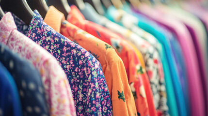 A colorful clothing rack with various garments hanging on hangers.