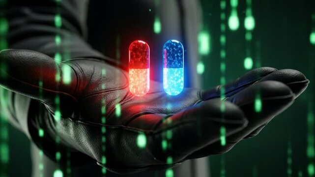 Futuristic choice concept with glowing pills in leather glove and green code