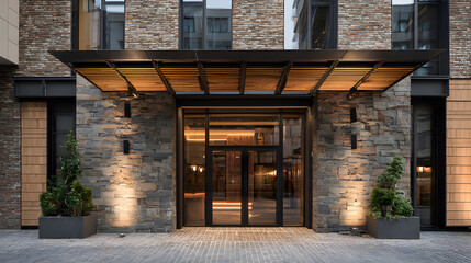 entrance to a small hotel between two decorative walls, with retractable doors, with a protruding canopy at the entrance, using finishing materials brick, glass, stone, wood mixing in a modern style 