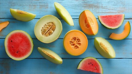 Sweet, juicy slices of fresh melon and watermelon, along with other tropical fruits, offer a healthy and vibrant vegetarian diet