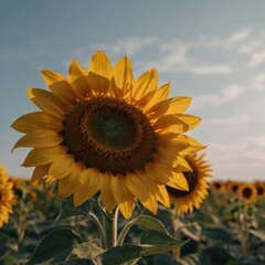 Obraz premium Bright yellow sunflowers bloom beautifully in a summer field under a clear blue sky, showcasing nature's vibrant beauty