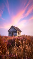 A weathered, abandoned house stands alone in a desolate landscape, surrounded by overgrown weeds and wildflowers, with peeling paint and broken windows.
