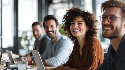Obraz premium Diverse team collaborating in a bright office, using laptops, smiling and focused. Concept: Teamwork, diversity, productivity, modern work culture.