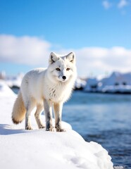 A curious arctic fox stands on a shimmering sheet of ice, its thick white fur blending with the frosty landscape, eyes alert and ears perked.