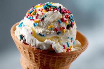 Ice cream cone with sprinkles.