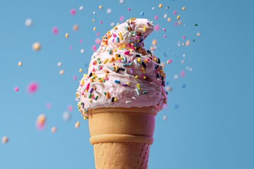 Ice cream cone with sprinkles.