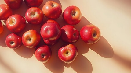 Red apples scattered on beige background, sunlight