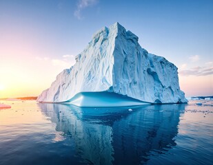 A majestic iceberg floats serenely in the deep blue ocean, its towering, jagged peaks glistening under the sunlight, surrounded by gentle waves.