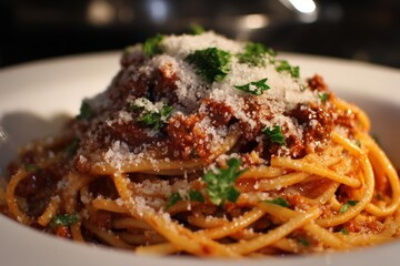 Spaghetti bolognese with parmesan.