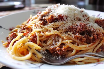 Spaghetti bolognese with parmesan.