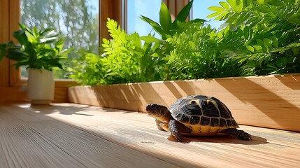 A tortoise basking in sunlight beside a plant-filled windowsill evokes a sense of calm and natural beauty.