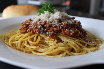 Spaghetti bolognese with parmesan.