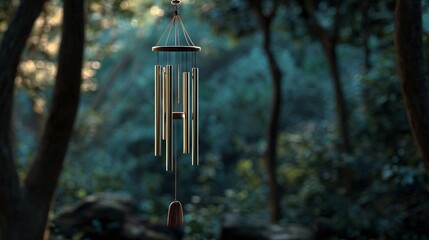 Hanging wind chimes and forest twilight, copy space