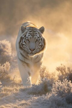 White Tiger Walking Through Frosty Landscape at Sunrise