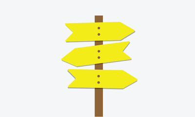 A wooden signpost with four blank directional arrows pointing in different directions on a solid yellow&nbsp;background