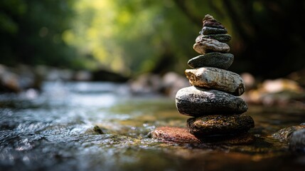 Meditation stones stacked by running creek