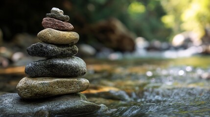 Meditation stones stacked by running creek