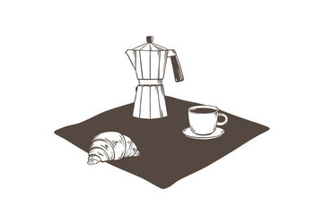 French breakfast vector sketch illustration. Coffee and croissant