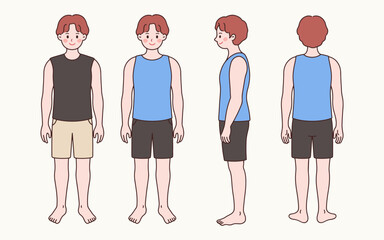 Man in sleeveless shirt and shorts – summer poses vector set