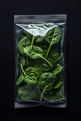 Fresh spinach leaves in a sealed plastic bag ready for cooking or salads at a kitchen counter