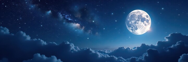 Fototapeta premium Ancient starry night sky with a full moon and stars twinkling like diamonds in the darkness, celestial body, cosmic scene, old school