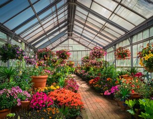lush greenery and colorful blooms fill a greenhouse ideal for wellness nature and spring themes flowers foliage streaming