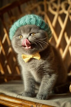 Gray Kitten in Hat and Bow Tie Sitting on Wicker Chair