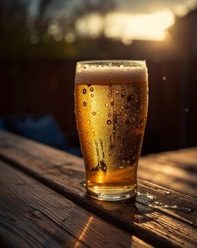 Cold Beer Glass on Wooden Table at Sunset
