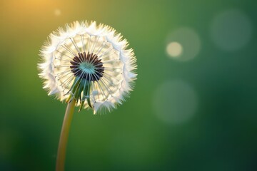 Delicate dandelion seed head, wispy, airborne, meadow, parachutes, light