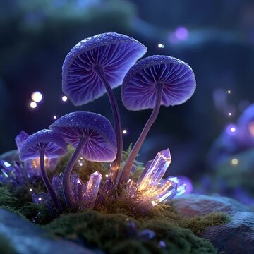 Glowing Mushrooms and Crystals on Mossy Forest Floor