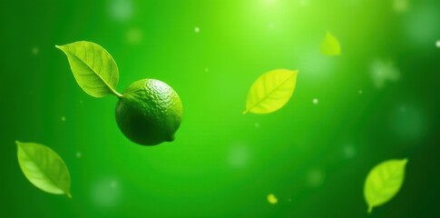 Floating kaffir lime with leaves, vibrant green background, Thai food, food, photography