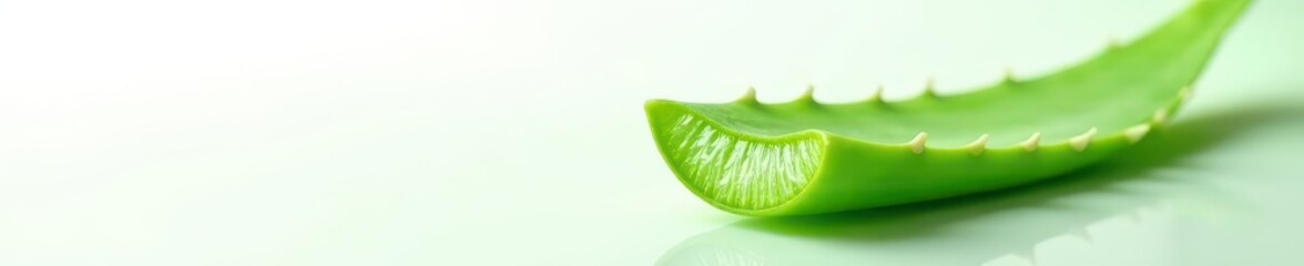 Fresh aloe vera leaf cut open, showcasing gel against pure white background, macro, clean, texture