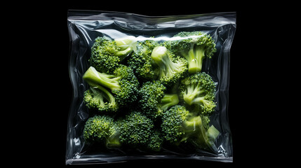 Freshly packaged broccoli in a clear vacuum-sealed bag ready for sale and consumption