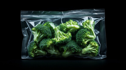 Fresh broccoli packed in a clear plastic bag for convenience and storage displayed against a black background
